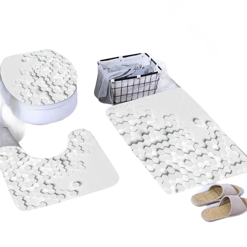 White bathroom set with hexagonal pattern.