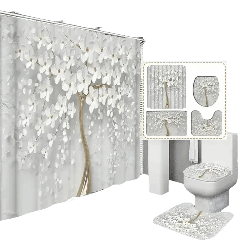 White Flowers Floral Bathroom Set DM6237 180x180cm Style Shower - GiFTiFY
