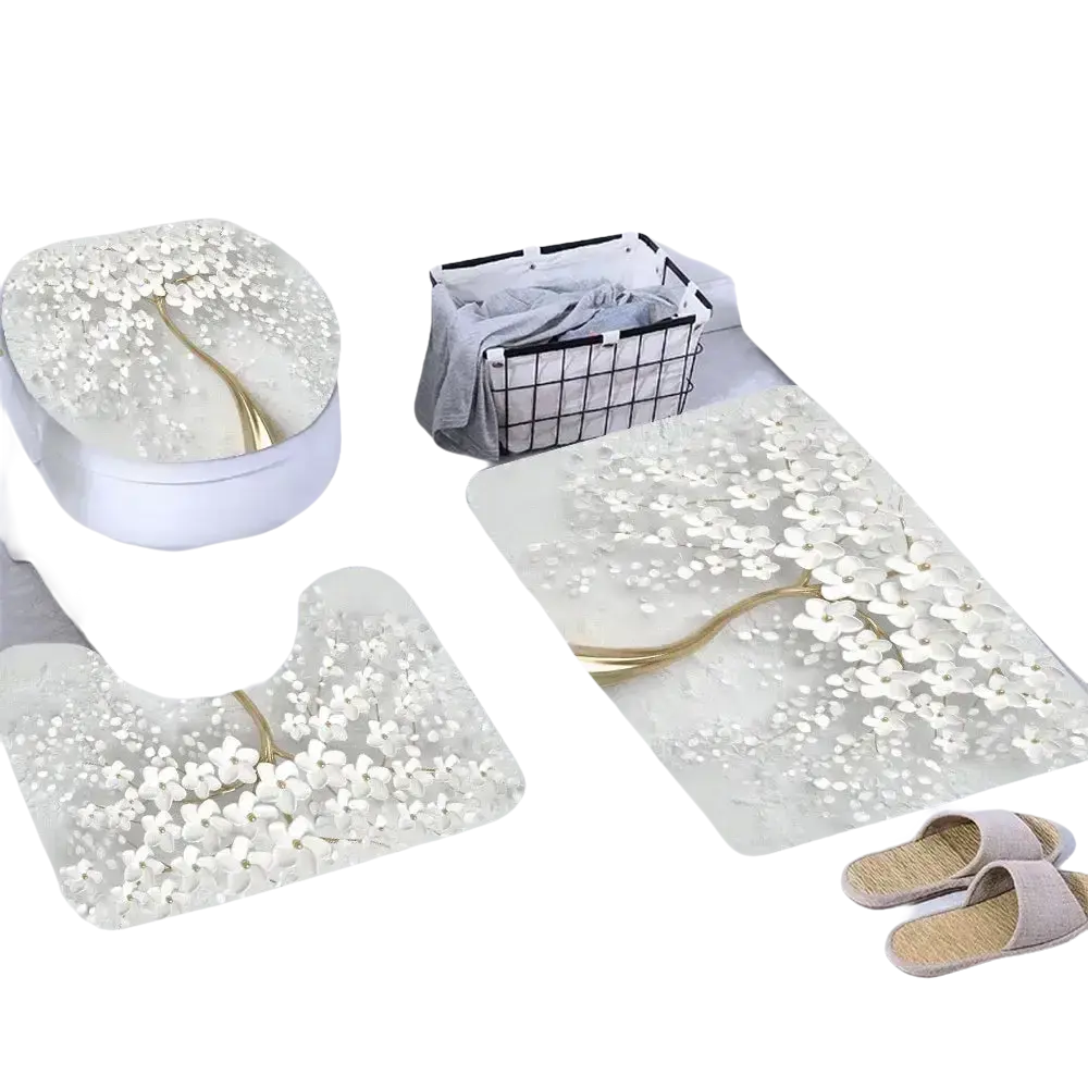 Bathroom mat set with floral design.