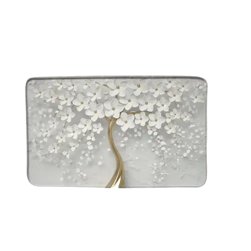 Rectangular mat with a white floral tree design.