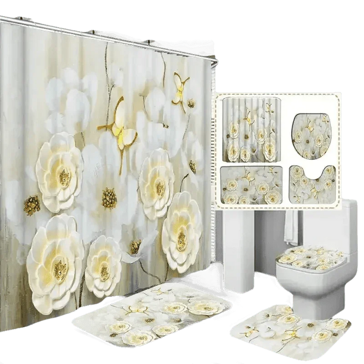 White Flowers Floral Bathroom Set DM6237 180x180cm Style Shower - GiFTiFY