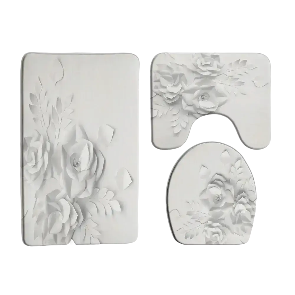 White floral bathroom mat set.