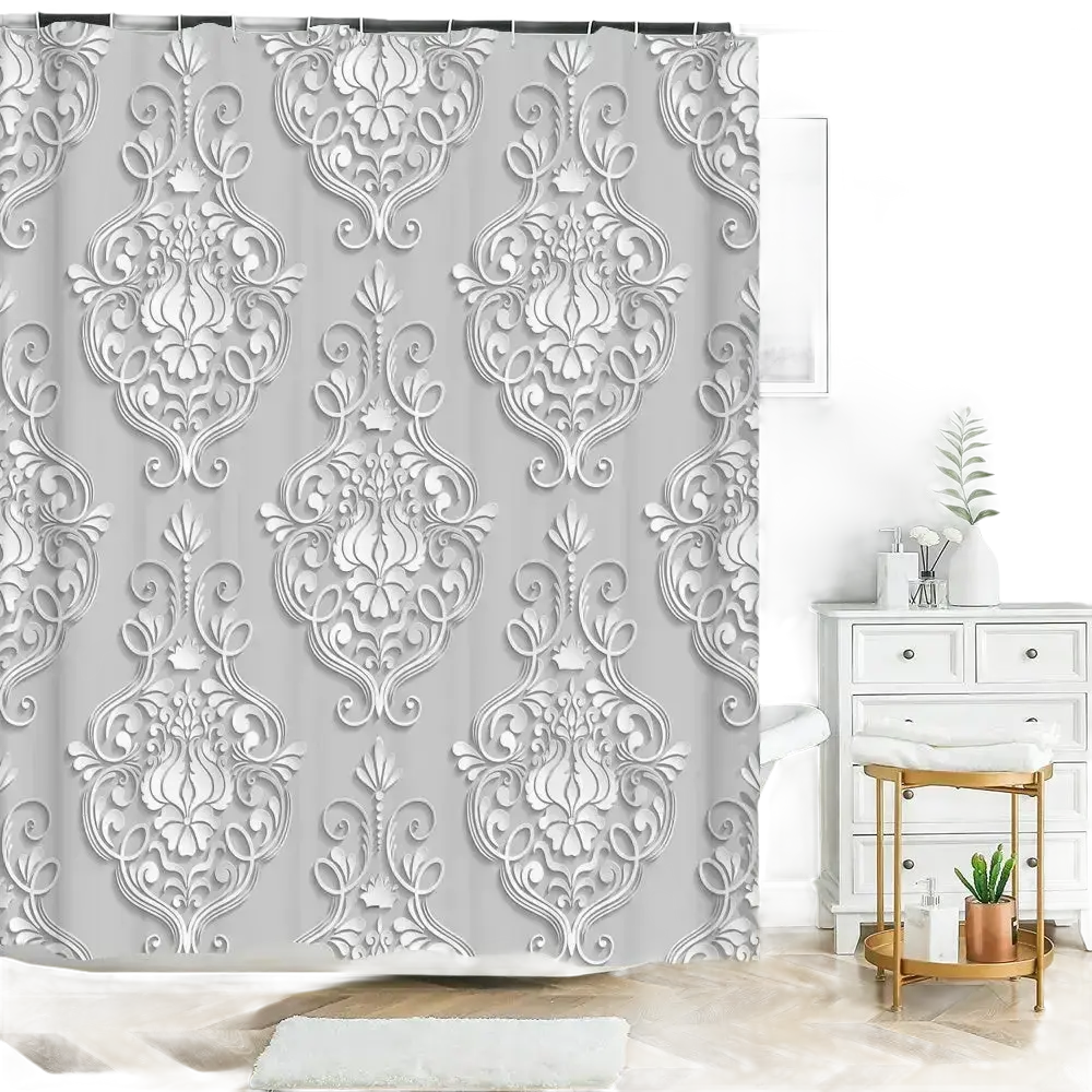 Gray shower curtain with white damask pattern.