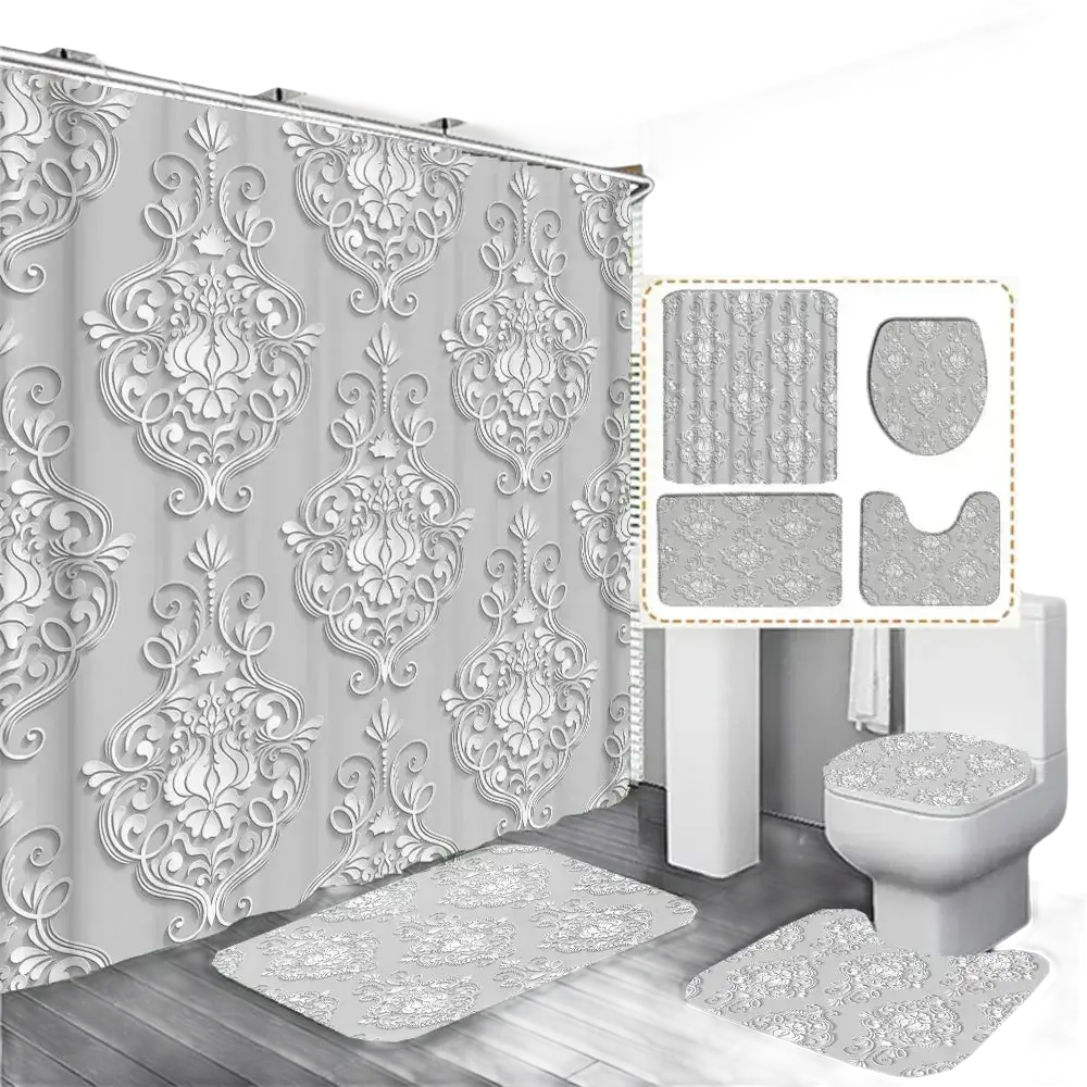 Elegant Bouquet of Fantastic White Flowers 3D Style Shower Curtain Bathroom Curtain with Bath Rug Carpet Set Floral Home Decor