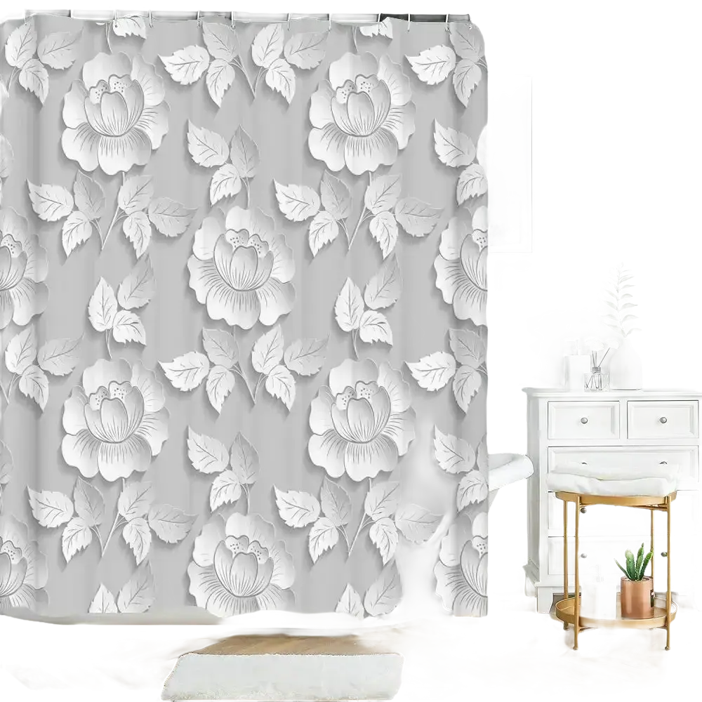 Floral patterned shower curtain.