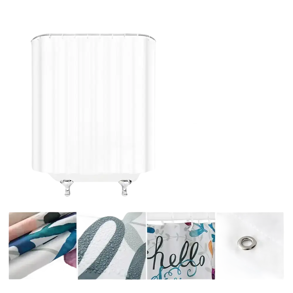 Bathroom set with shower curtain and mats.