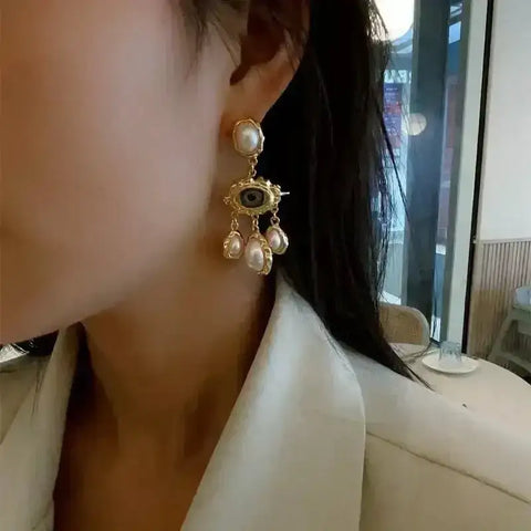 French Style Exaggerated Big Eyes Long Earrings Fashion Pearl Water Droplets Earring - GiFiFY