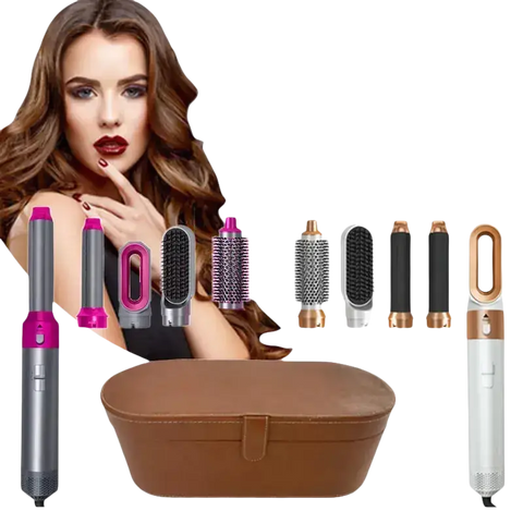 5-in-1 hair brush dryer set with attachments and carrying case.