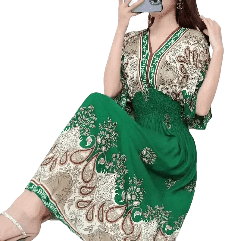 Green Printed Summer Long Maxi Dress - GiFTiFY