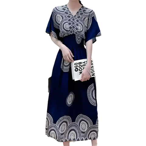 Blue patterned maxi dress.