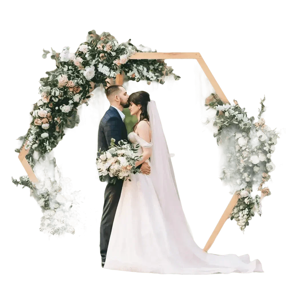 Hexagonal Wooden Wedding Arch with Floral Decorations - GiFTiFY