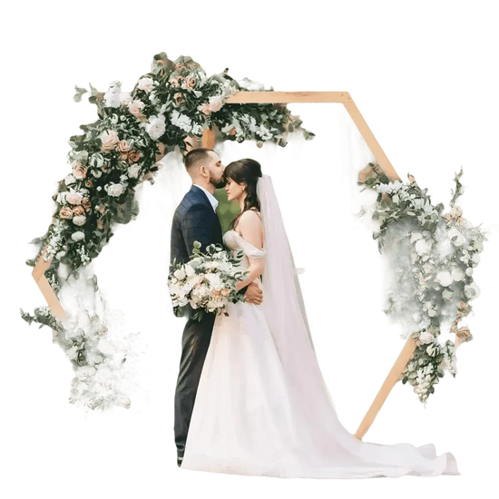 Hexagonal Wooden Wedding Arch with Floral Decorations - GiFTiFY