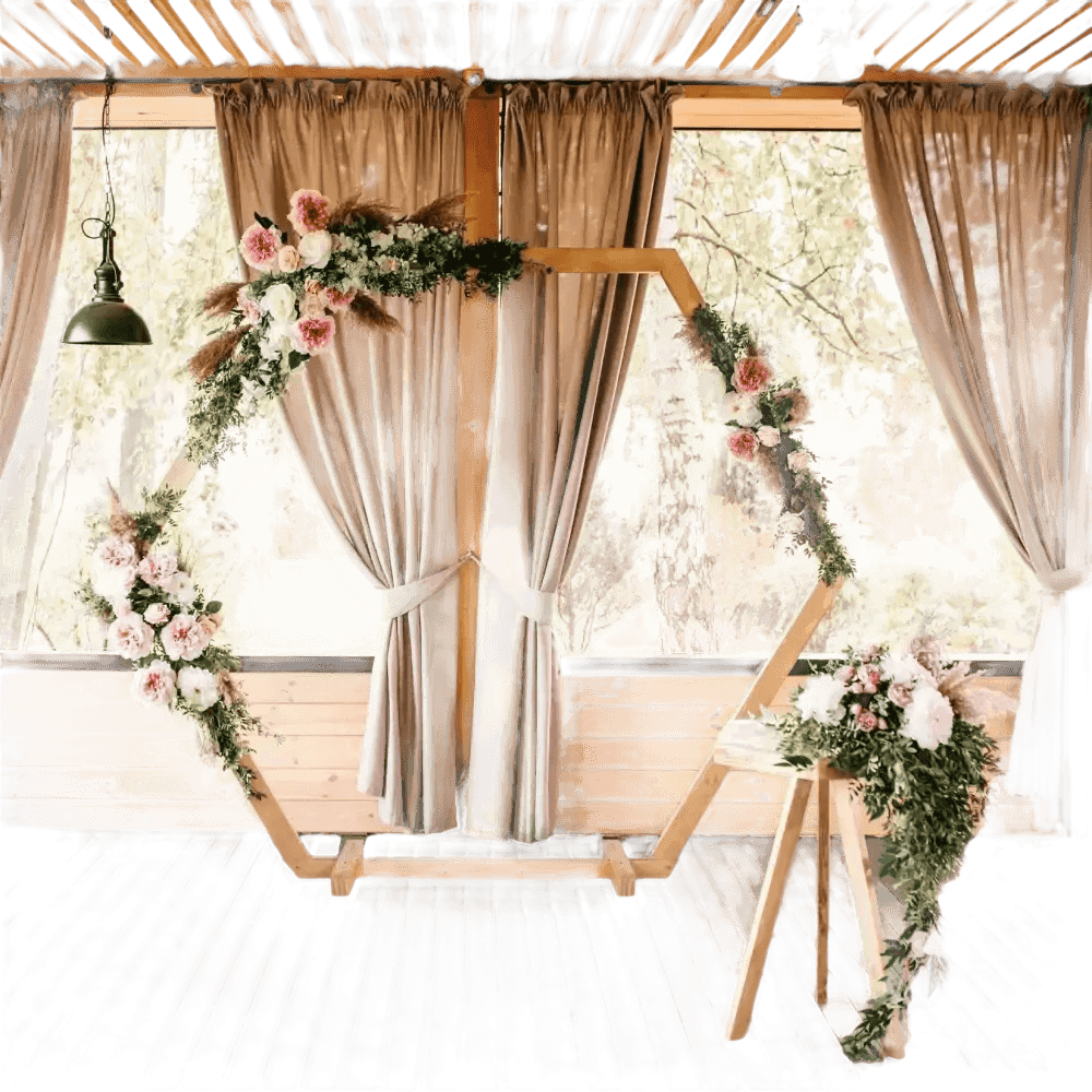 Hexagonal Wooden Wedding Arch with Floral Decorations - GiFTiFY
