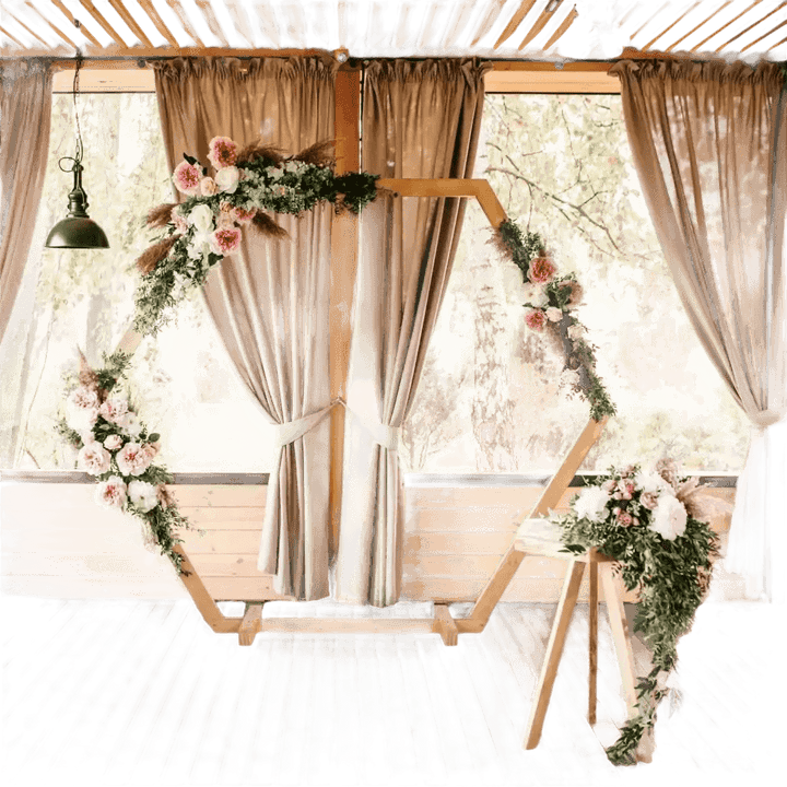 Hexagonal Wooden Wedding Arch with Floral Decorations - GiFTiFY