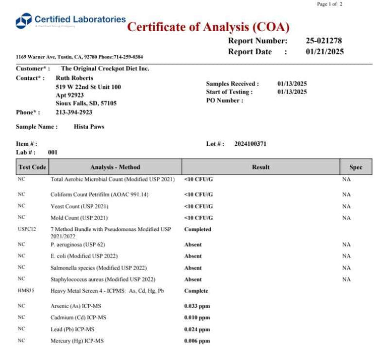 Hista Paws – with Quercetin for Dogs and Cats