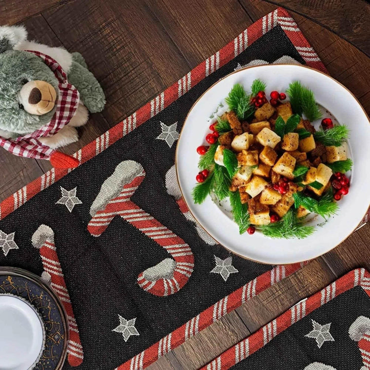 DaDa Bedding Peppermint Joy Red Black Holiday Tapestry Dining Table Runner (12904) - GiFTiFY
