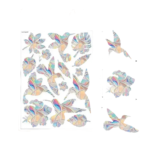 Hummingbird and leaf window clings with dimensions.