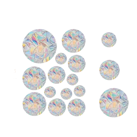 Iridescent circular window clings with geometric patterns.