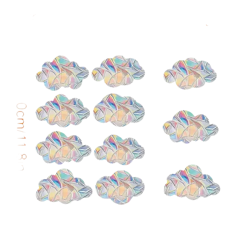 Iridescent cloud-shaped window clings with size measurements.