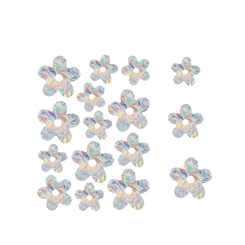 Sheet of flower-shaped window clings with iridescent mosaic pattern.