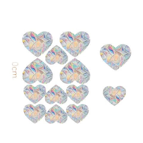 Iridescent heart-shaped window clings with size dimensions.