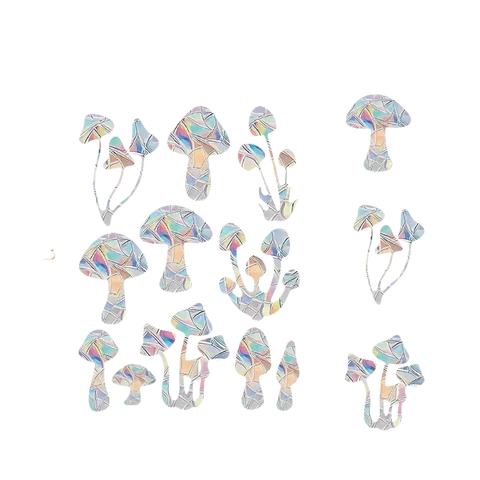 Mushroom-themed window clings with iridescent mosaic pattern.
