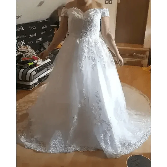 Ivory Lace Off Shoulder Wedding Gown 50cm Train - GiFTiFY