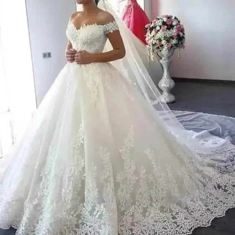 Ivory Lace Off Shoulder Wedding Gown 50cm Train - GiFTiFY