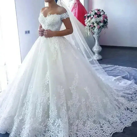 Ivory Lace Off Shoulder Wedding Gown 50cm Train - GiFiFY