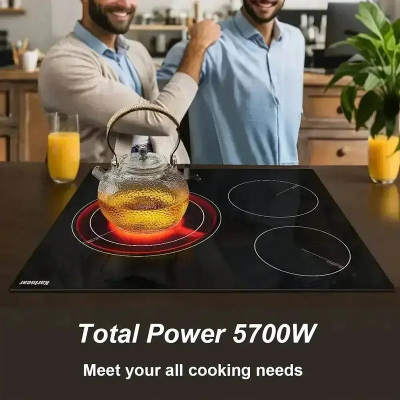 Karinear Ceramic Cooktop 3 Burners, 59CM Built-in Electric Stove Top, Independent Knobs, Triple Outer Zone, 230V, Without Plug E-Stove by DSERS