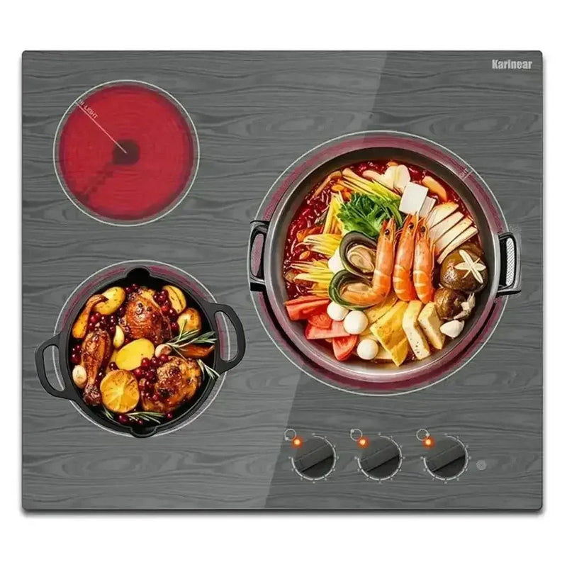 Karinear Ceramic Cooktop 3 Burners, 59CM Built-in Electric Stove Top, Independent Knobs, Triple Outer Zone, 230V, Without Plug E-Stove by DSERS
