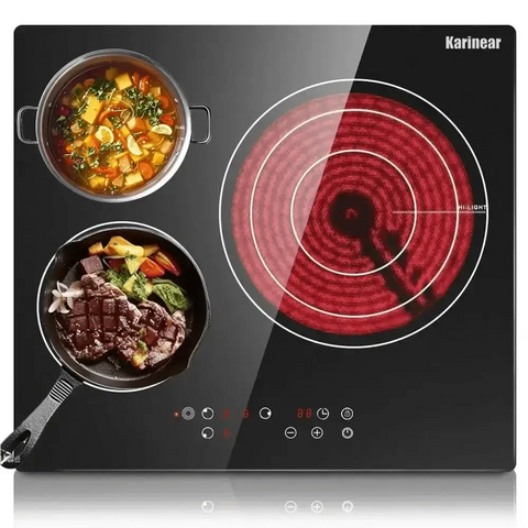 Karinear Ceramic Cooktop 3 Burners, 59CM Built - in Electric Stove Top, Independent Knobs, Triple Outer Zone, 230V, Without Plug - GiFiFY