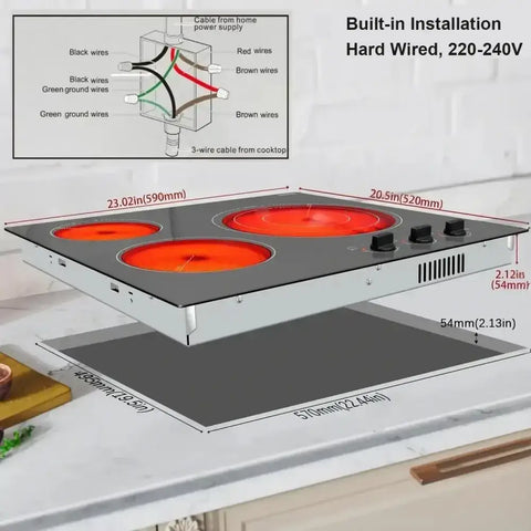 Karinear Ceramic Cooktop 3 Burners, 59CM Built - in Electric Stove Top, Independent Knobs, Triple Outer Zone, 230V, Without Plug - GiFiFY