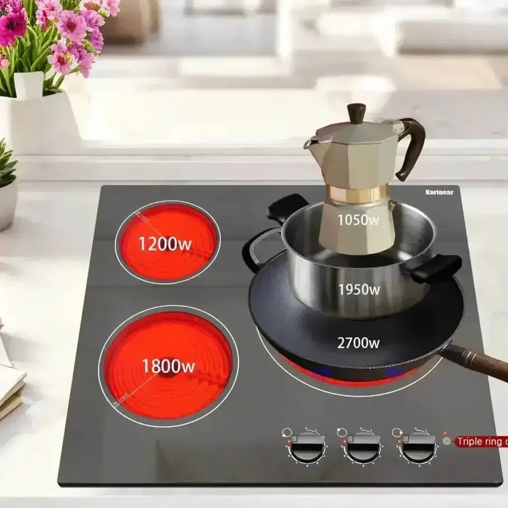 Karinear Ceramic Cooktop 3 Burners, 59CM Built-in Electric Stove Top, Independent Knobs, Triple Outer Zone, 230V, Without Plug - GiFTiFY