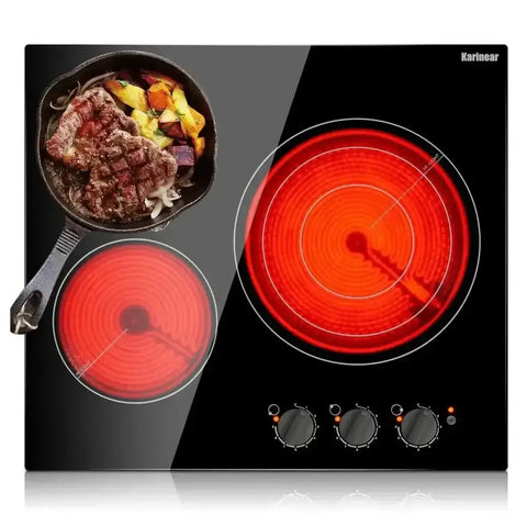 Karinear Ceramic Cooktop 3 Burners, 59CM Built - in Electric Stove Top, Independent Knobs, Triple Outer Zone, 230V, Without Plug - GiFiFY