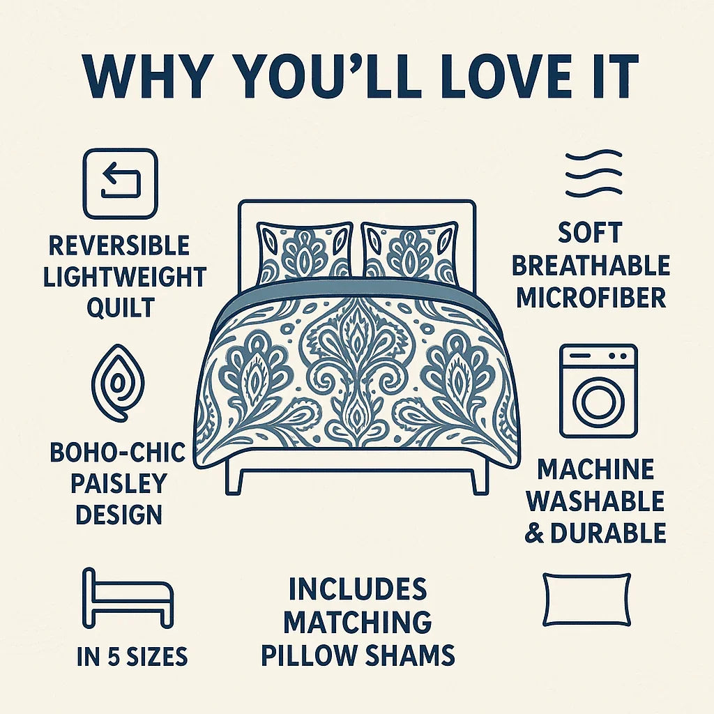 DaDa Bedding Bohemian Summertime White Blue Floral Paisley Bedspread Set (KSX-003) - GiFTiFY