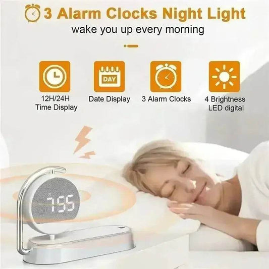 LED Night Light 3 Lights 360° Rotate Clock Alarm Clock Desktop Mobile Phone Wireless Charger for Bedroom Smart Phones Room Decor - GiFTiFY