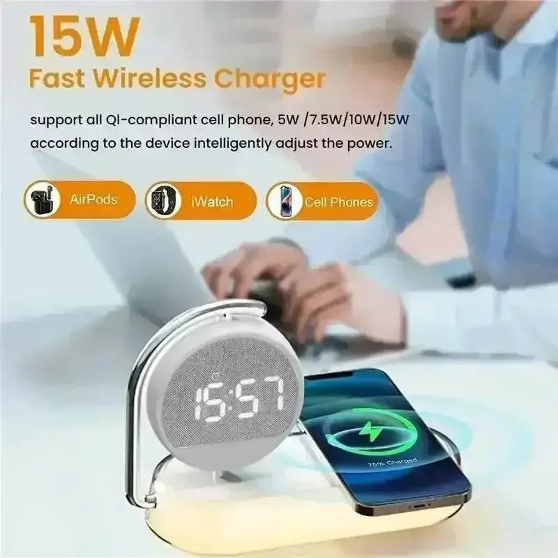 LED Night Light 3 Lights 360° Rotate Clock Alarm Clock Desktop Mobile Phone Wireless Charger for Bedroom Smart Phones Room Decor - GiFTiFY