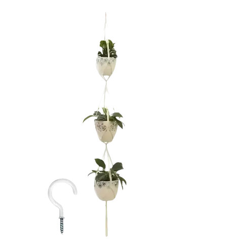 Three-tiered macrame plant hanger with hook.