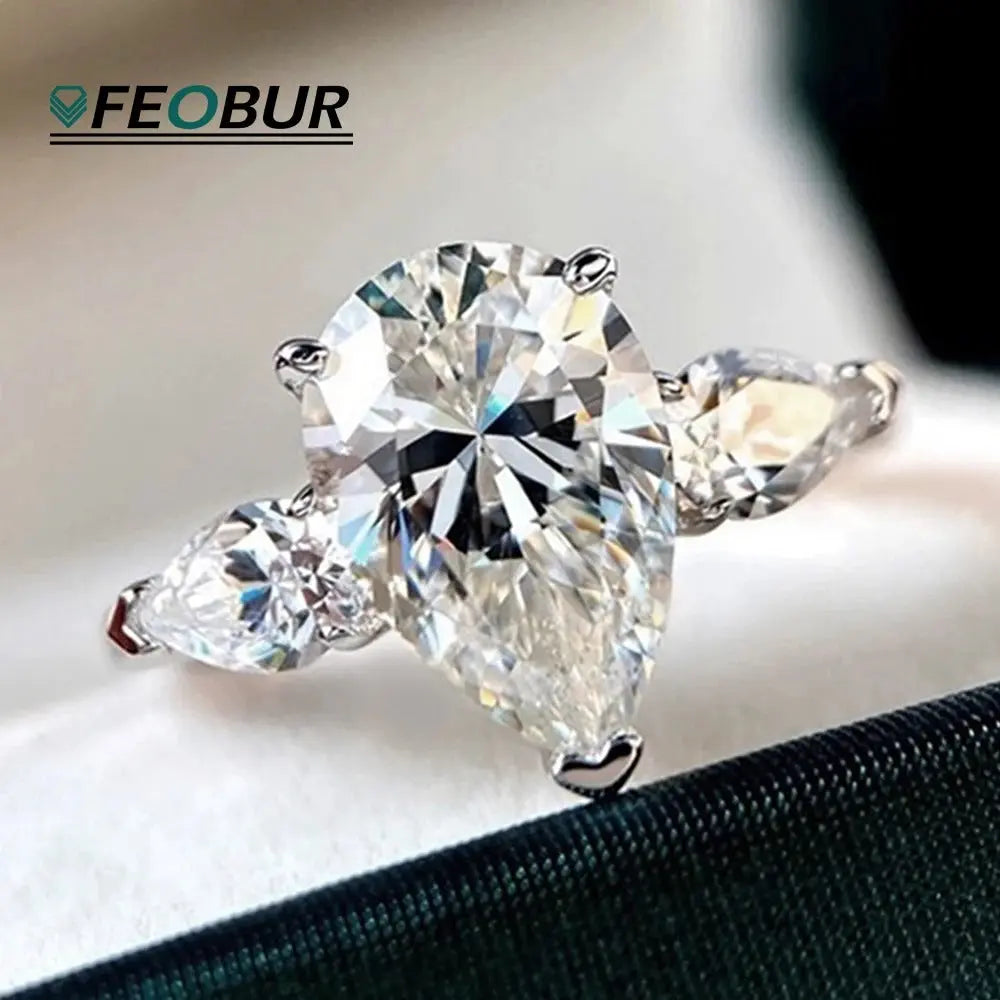 1/2/3/4ct Pear Cut All Moissanite Engagement Rings for Women S925 Sterling Silver 3-Stone Promise Wedding Band Luxury Jewelry Rings by Dropshee