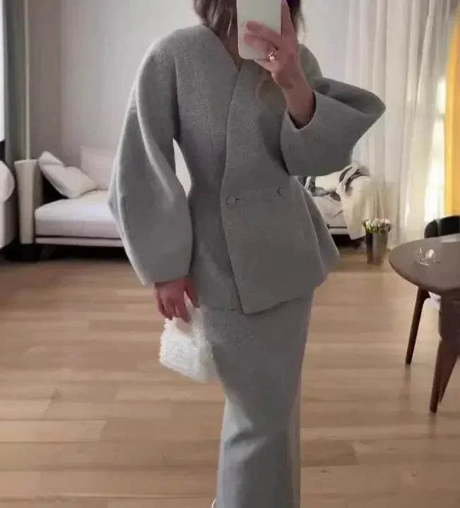 Ruffled V-neck Coat & Long Skirt Suit - GiFTiFY