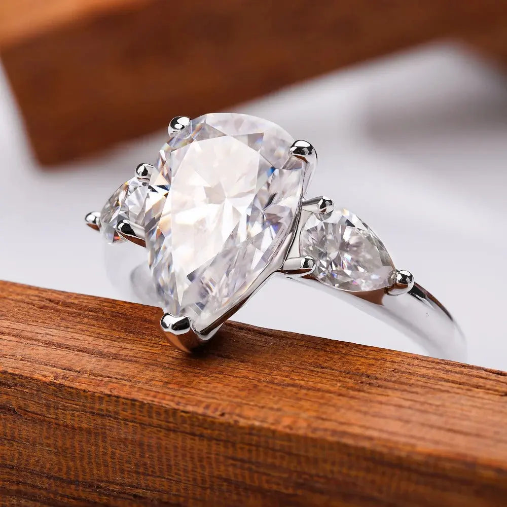 1/2/3/4ct Pear Cut All Moissanite Engagement Rings for Women S925 Sterling Silver 3-Stone Promise Wedding Band Luxury Jewelry Rings by Dropshee