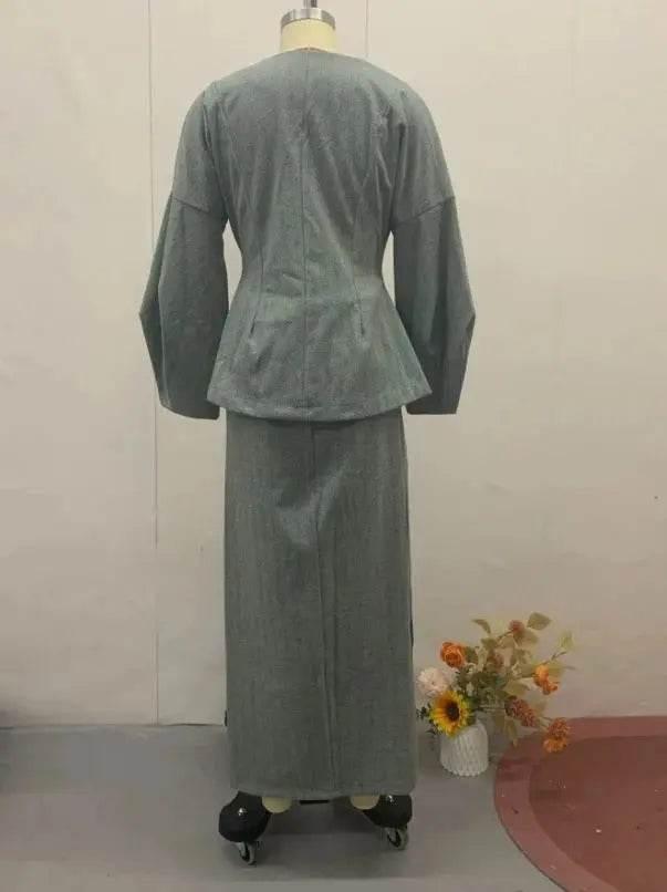 Ruffled V-neck Coat & Long Skirt Suit - GiFTiFY