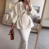 Ruffled V-neck Coat & Long Skirt Suit - GiFTiFY