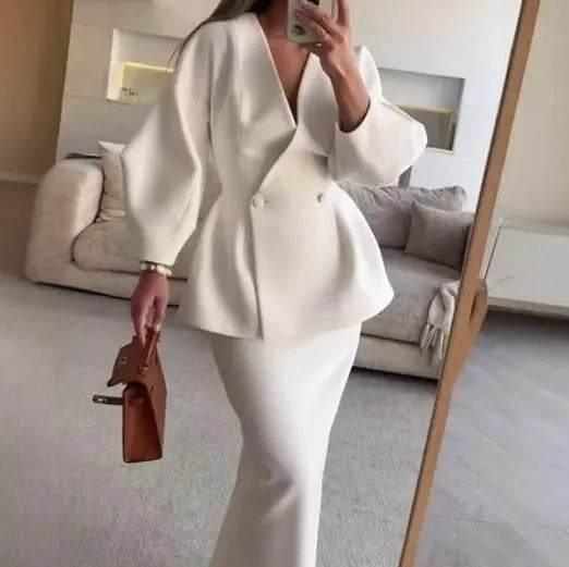 Ruffled V-neck Coat & Long Skirt Suit - GiFTiFY