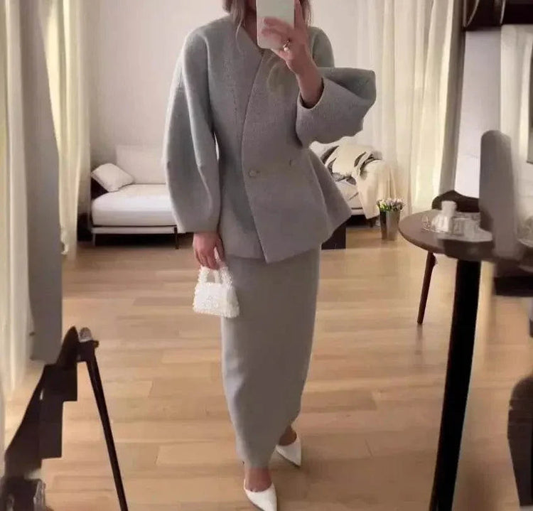 Ruffled V-neck Coat & Long Skirt Suit - GiFTiFY