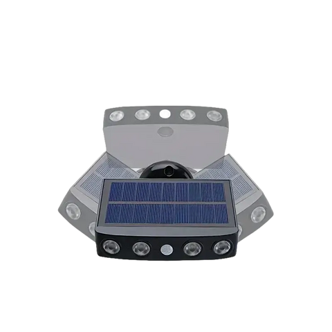 Solar-powered, multi-angle outdoor light.