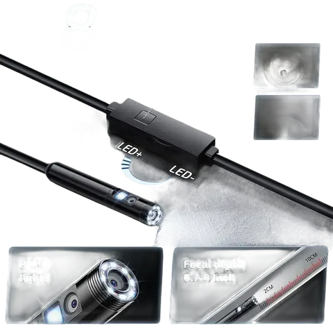 Endoscope with adjustable LED lights and dual lenses.