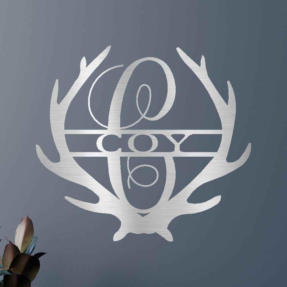 Name Sign - Custom Metal Sign, Antler Artwork, Deer Monogram, Christmas Gift - GiFTiFY