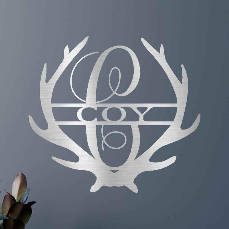 Name Sign - Custom Metal Sign, Antler Artwork, Deer Monogram, Christmas Gift - GiFTiFY